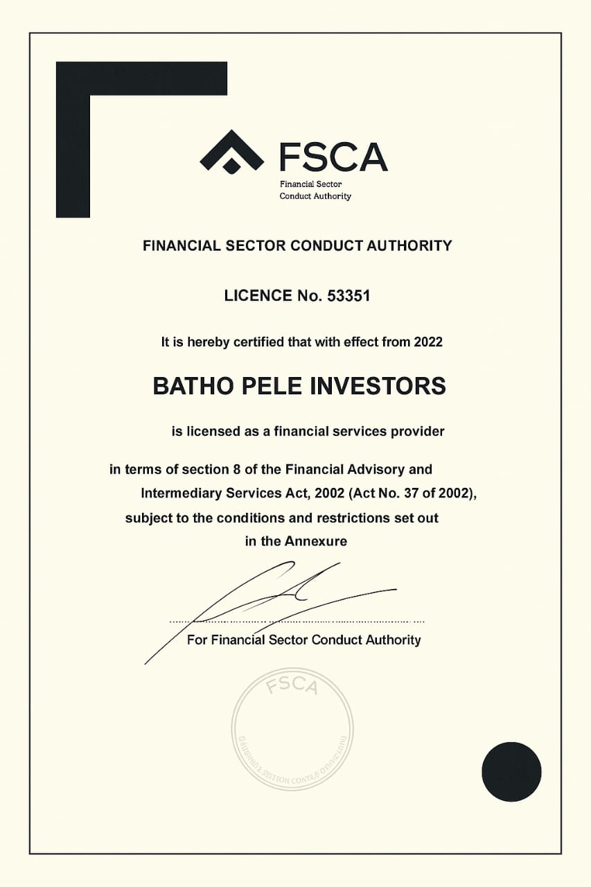 FSCA licence certificate No. 53351 issued to Batho Pele Investors
